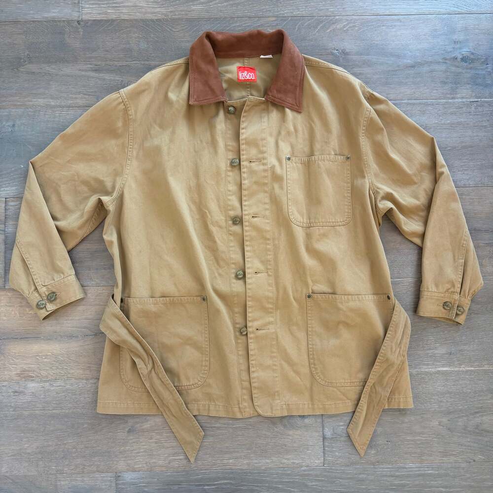 Vtg Liz & Co Women’s Lightweight Barn Coat Chore Jacket w Belt 100% Cotton